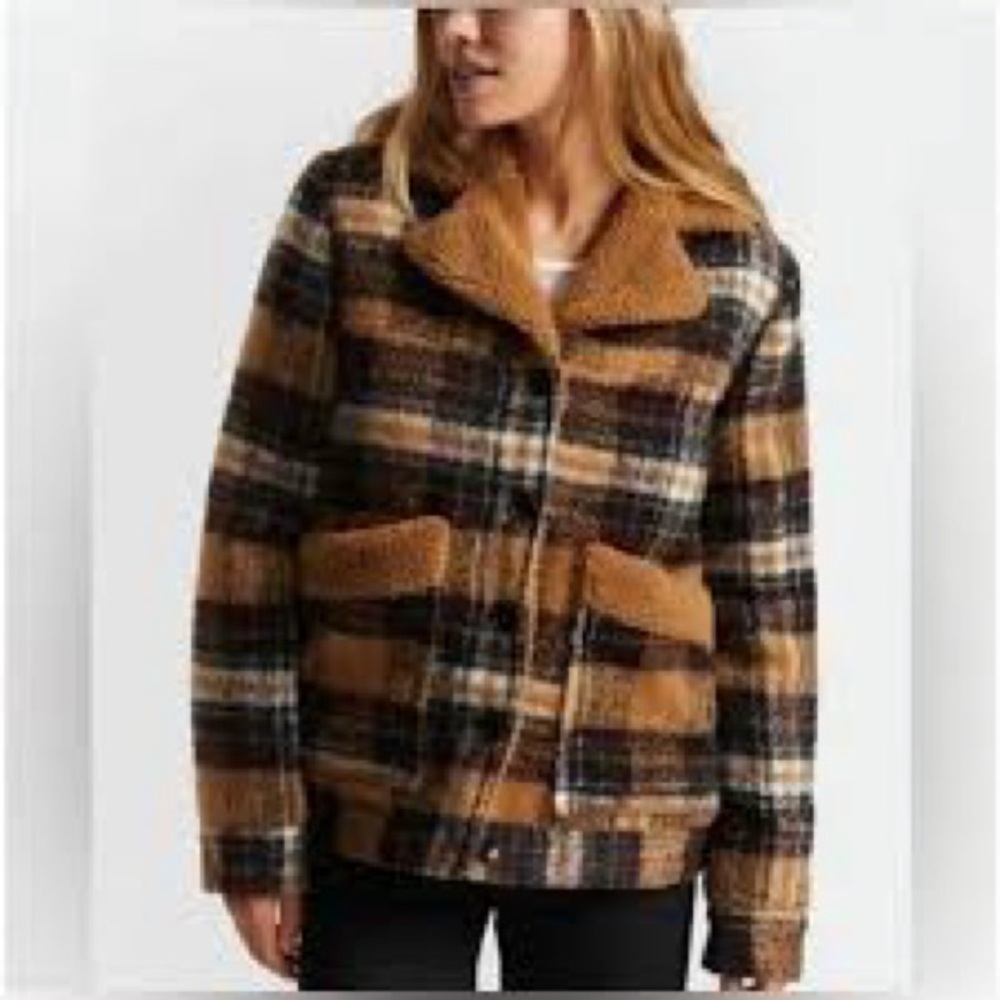Brixton Plaid Teddy Jacket in Tan and Black